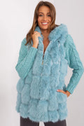 Manteau féminin hiver élégant maille fausse fourrure bleu clair texture carrée coupe ample col haut zip pendentif