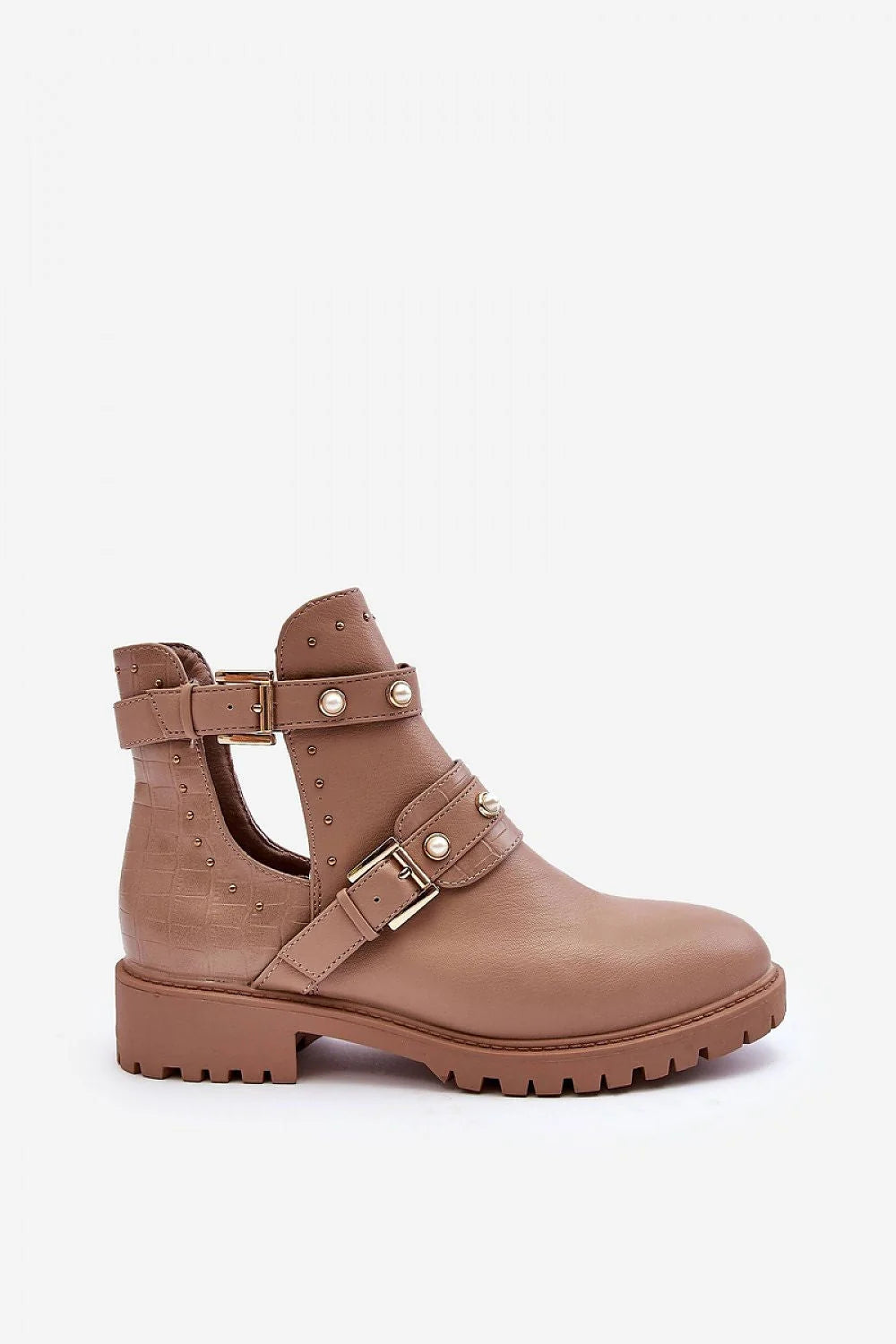 Bottines femmes style moderne audacieux cuir synthétique beige clous perles semelle crantée talon renforcé ajustement personnalisé