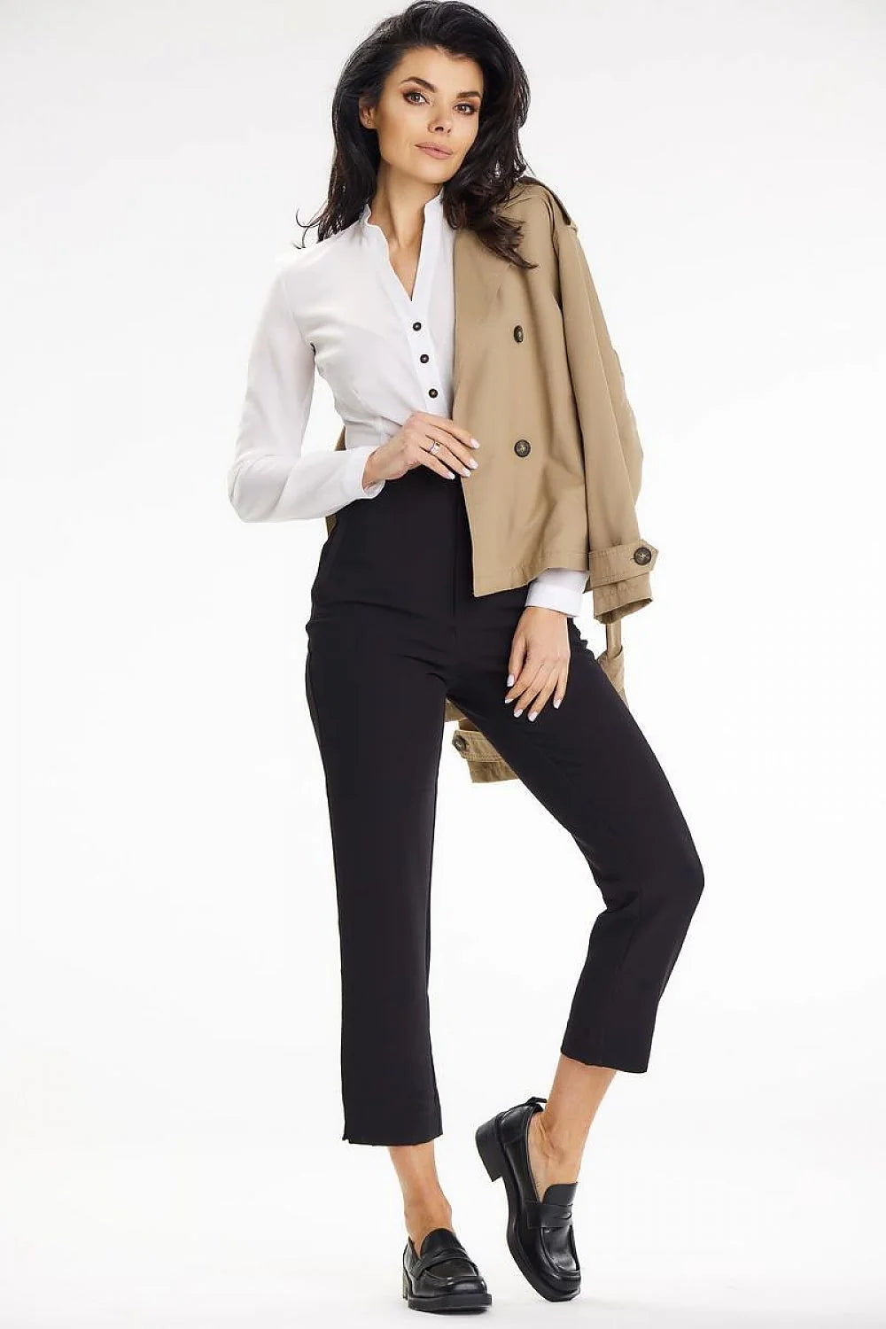 Chemisier AWAMA élégant à col montant manches longues en V boutons noirs polyester 2% élasthanne tailles S M L XL femme