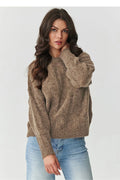 pull femme oversize col rond tresse maille duveteuse chaude manches longues poignets côtelés base marron chiné mohair laine acrylique