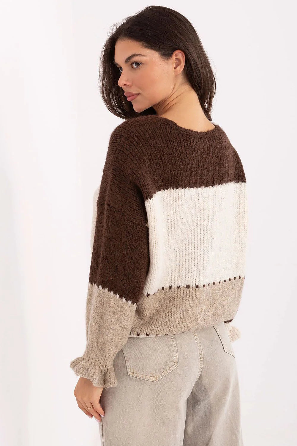 cardigan femme rayures multicolore maille moelleuse oversize court encolure V boutonné trois boutons café beige écru manches ballon volantées