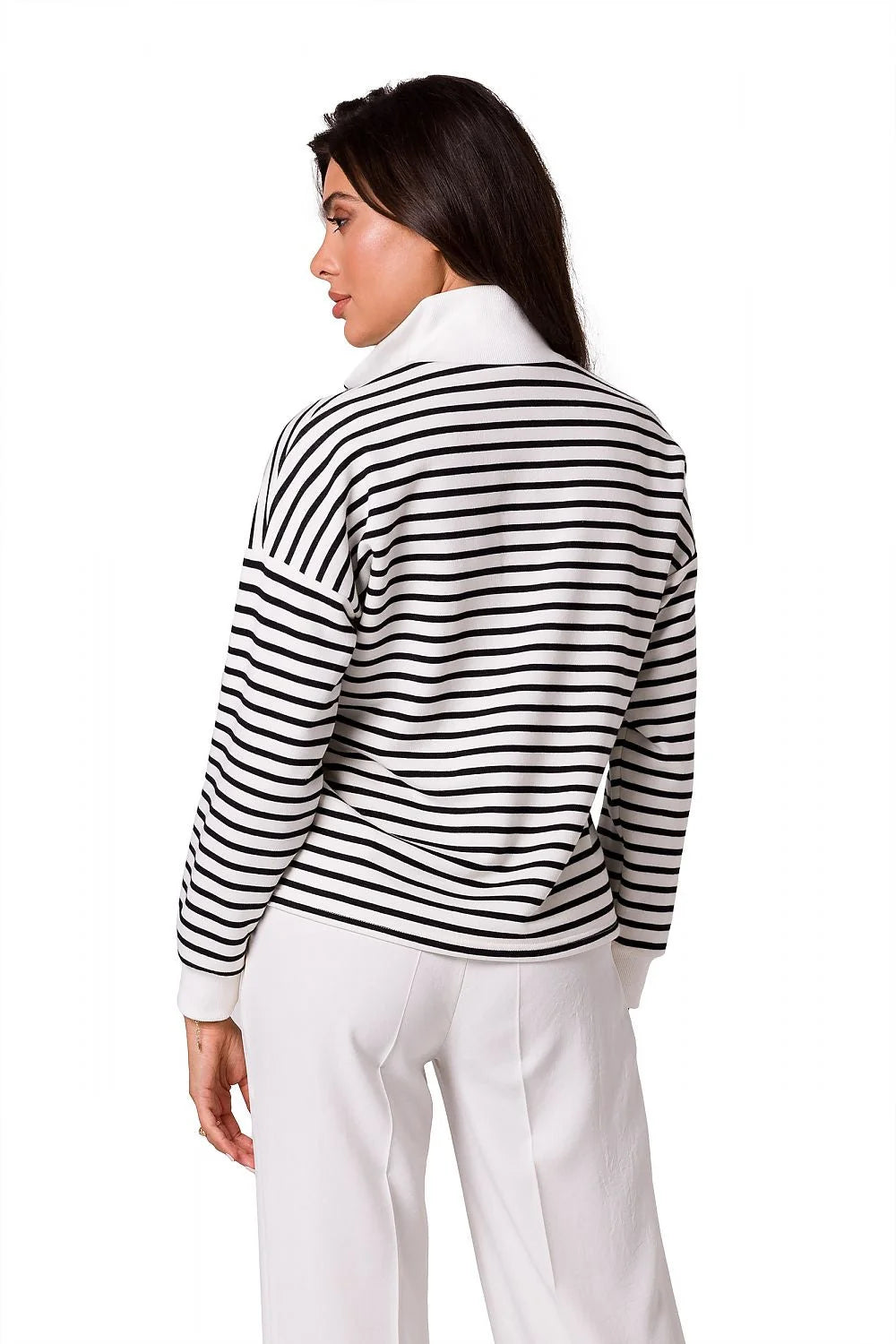 Sweatshirt Be Wear pour femmes, rayures horizontales, col montant, fermeture éclair, coton 90%, polyester 10%, coupe ample, manches longues, style classique, respirant, confortable, polyvalent, mode intemporelle, qualité supérieure