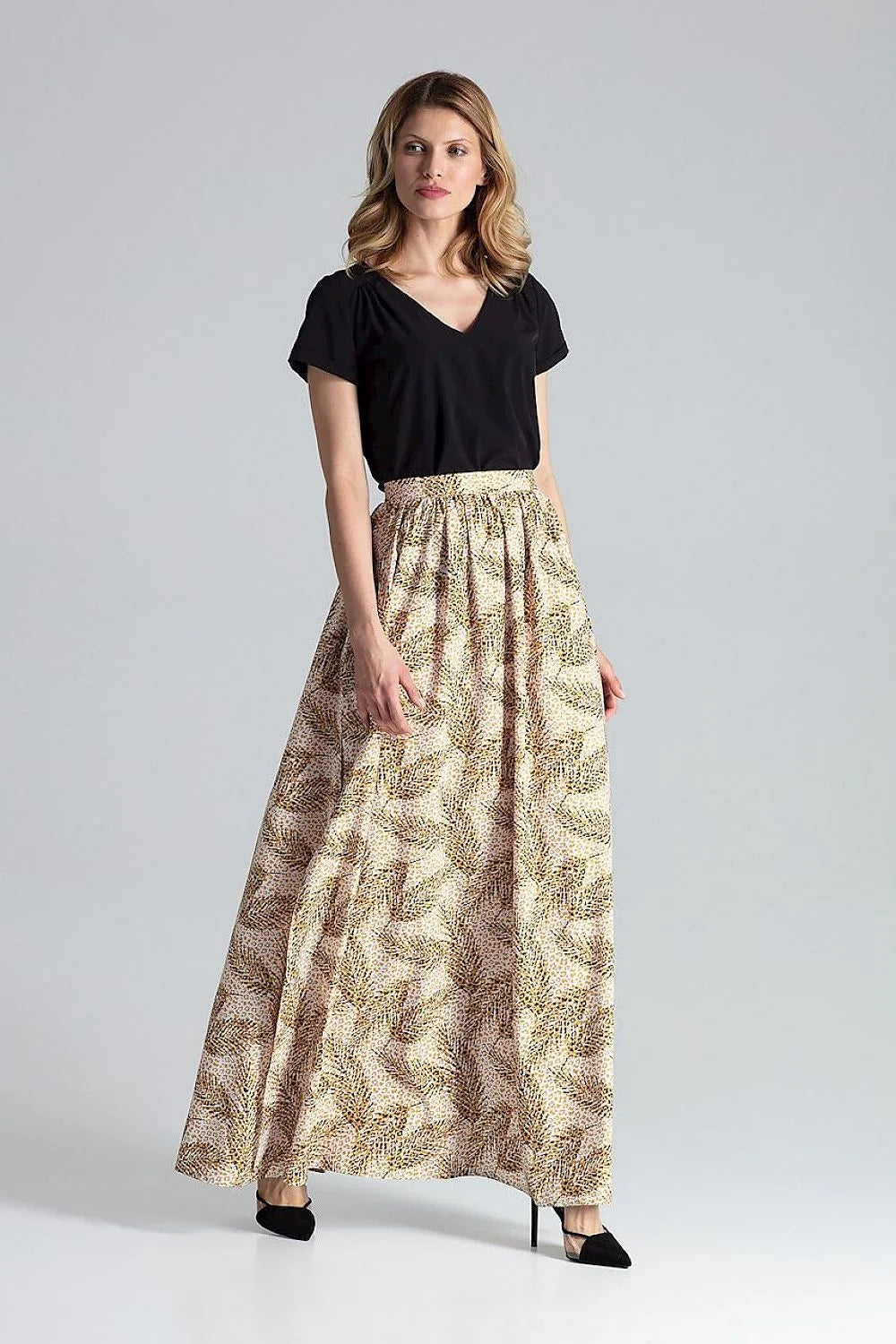 Jupe longue imprimée Figl en polyester élasthanne taille élastique fentes latérales style naturel pour femmes