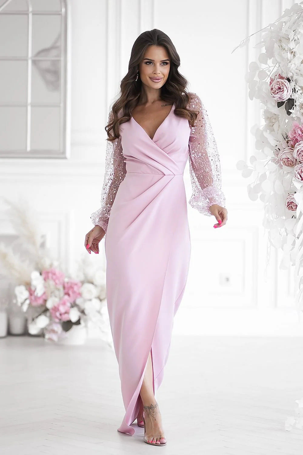 Robe longue élégante pour femmes manches longues en paillettes décolleté en V profond style sophistiqué pour soirée mariage gala
