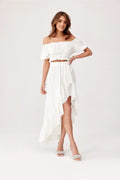 Ensemble fashion femme crop top épaules ouvertes volants asymétrique jupe longue summer coton blanc élégant romantique