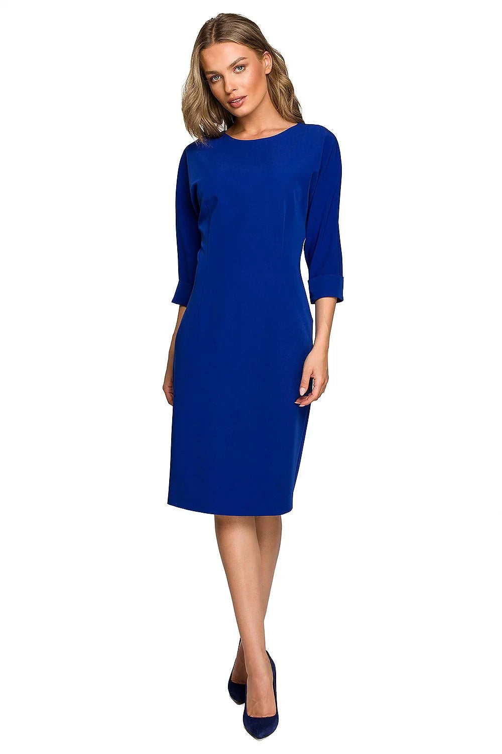 Robe classique élégante pour femme en vert émeraude, coupe droite, manches 3/4, col rond, fermeture éclair dissimulée, polyester, viscose, élasthanne