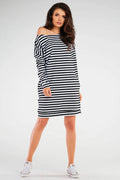 Robe de jour décontractée rayures horizontales manches longues épaules dénudées coton lycra taille ajustable femme