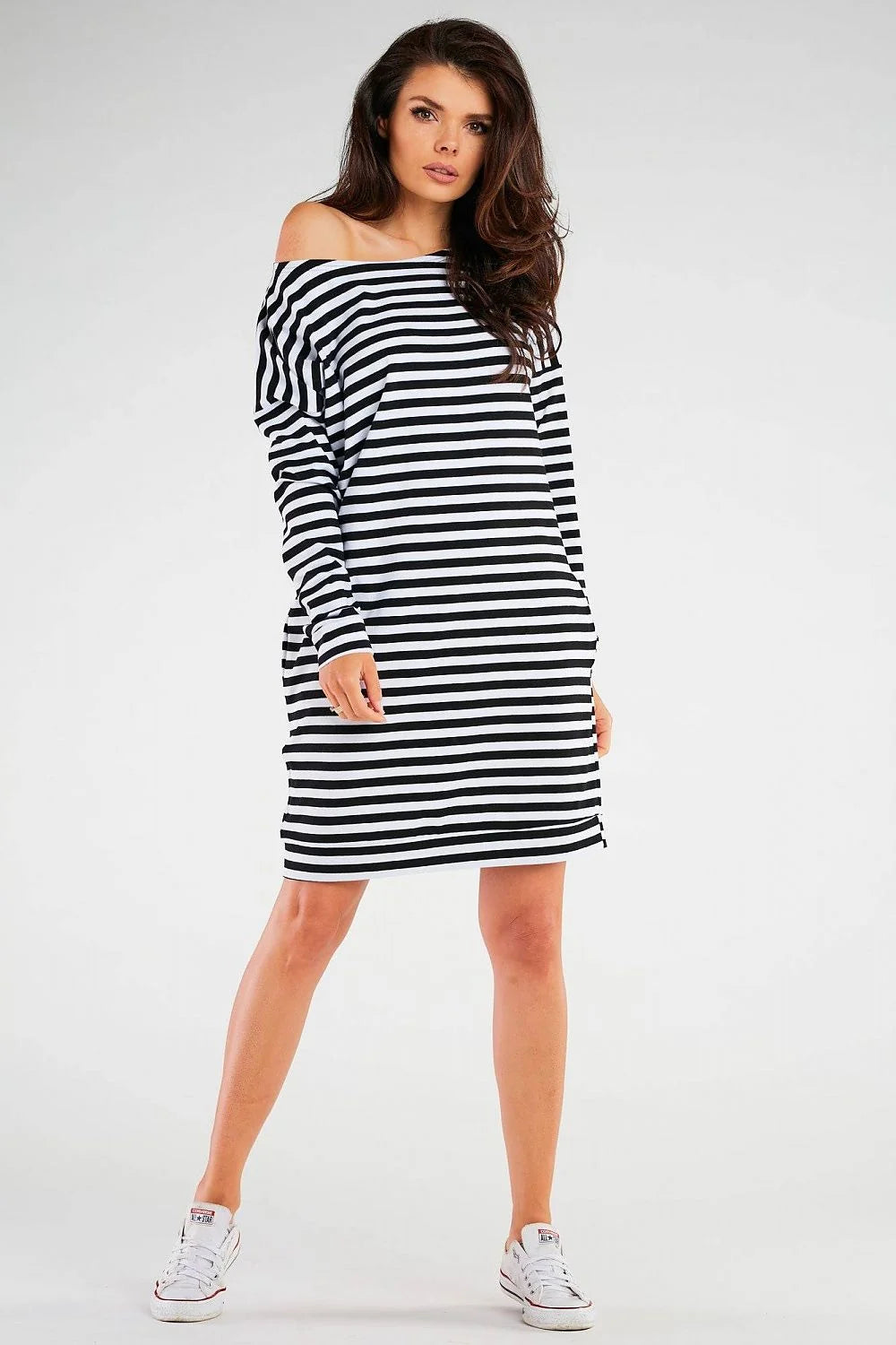 Robe de jour décontractée rayures horizontales manches longues épaules dénudées coton lycra taille ajustable femme