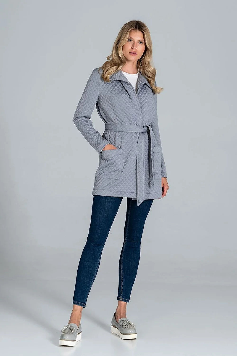 Veste matelassée marron losange ceinture poches avant style décontracté moderne femme hiver chaud