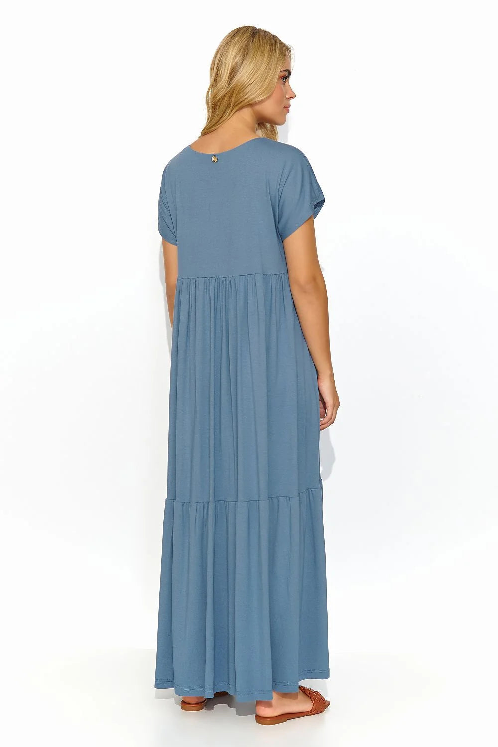 Robe de jour Makadamia longue en viscose couleur bleu-gris col V taille empire pour femme
