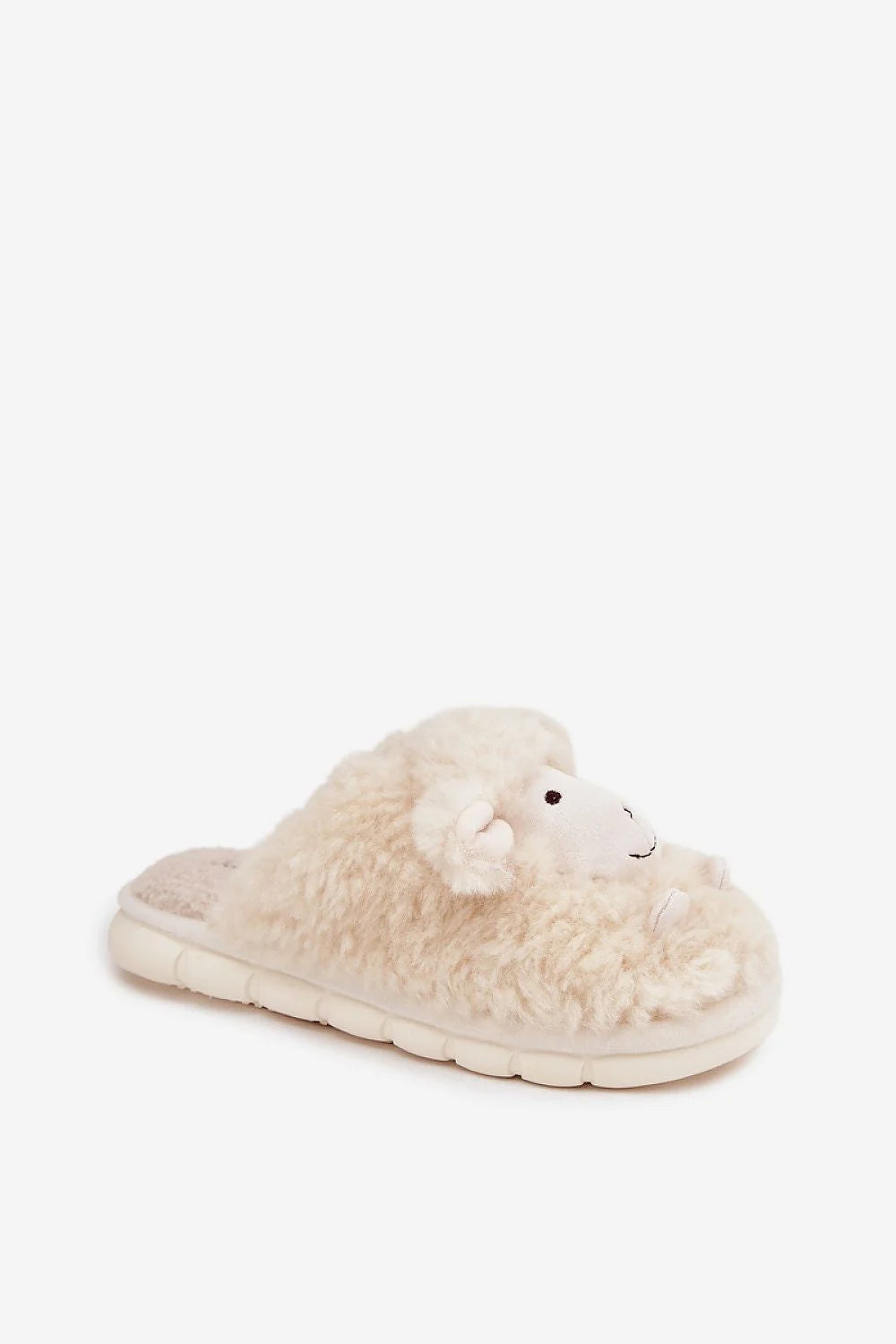 chaussons femme fausse fourrure beige crème mouton brodé visage oreilles relief pelucheux doublés semelle épaisse rembourrée antidérapante confortable