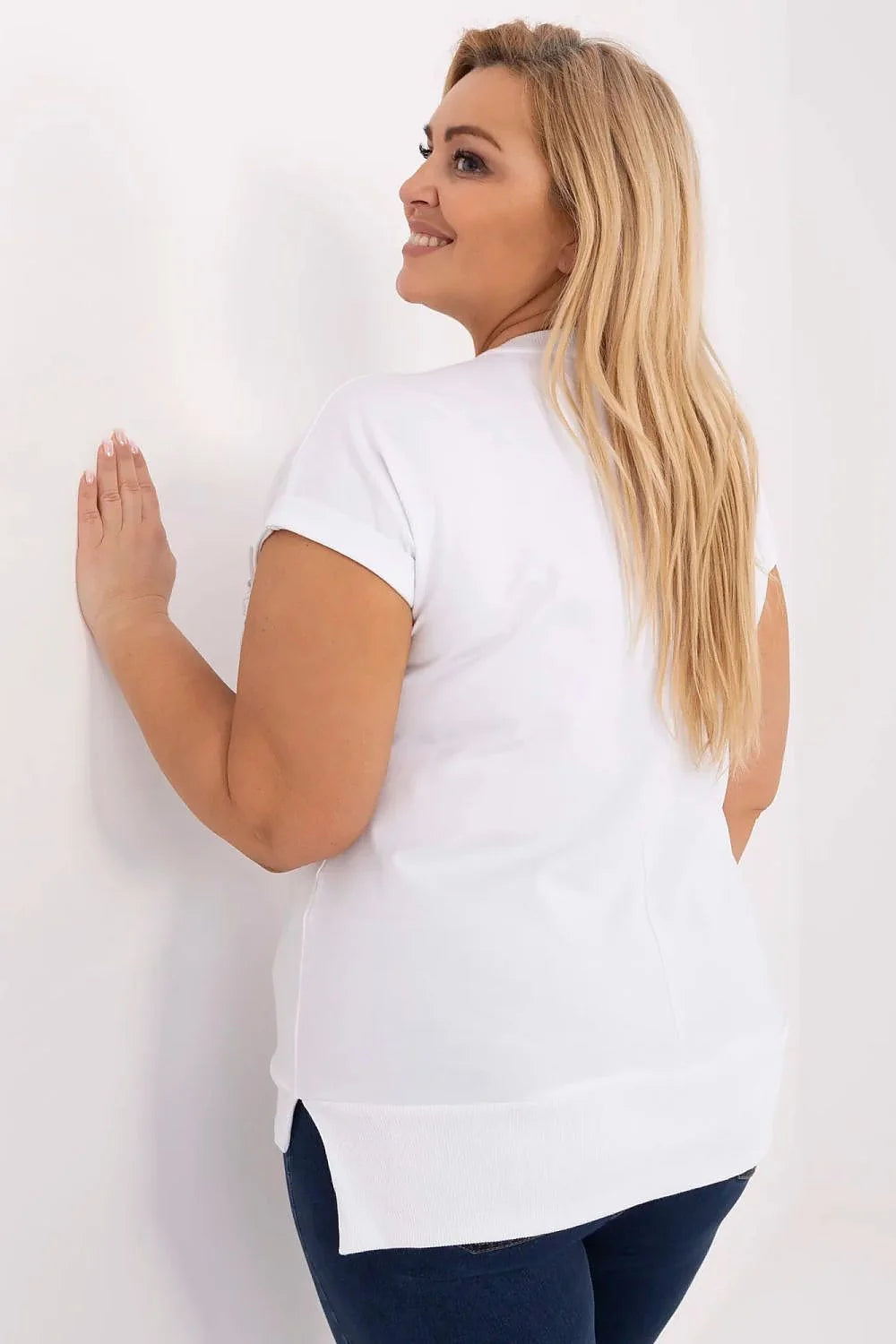 Chemisier grande taille Relevance style décontracté manches courtes décolleté en V motifs cœur perles blanc