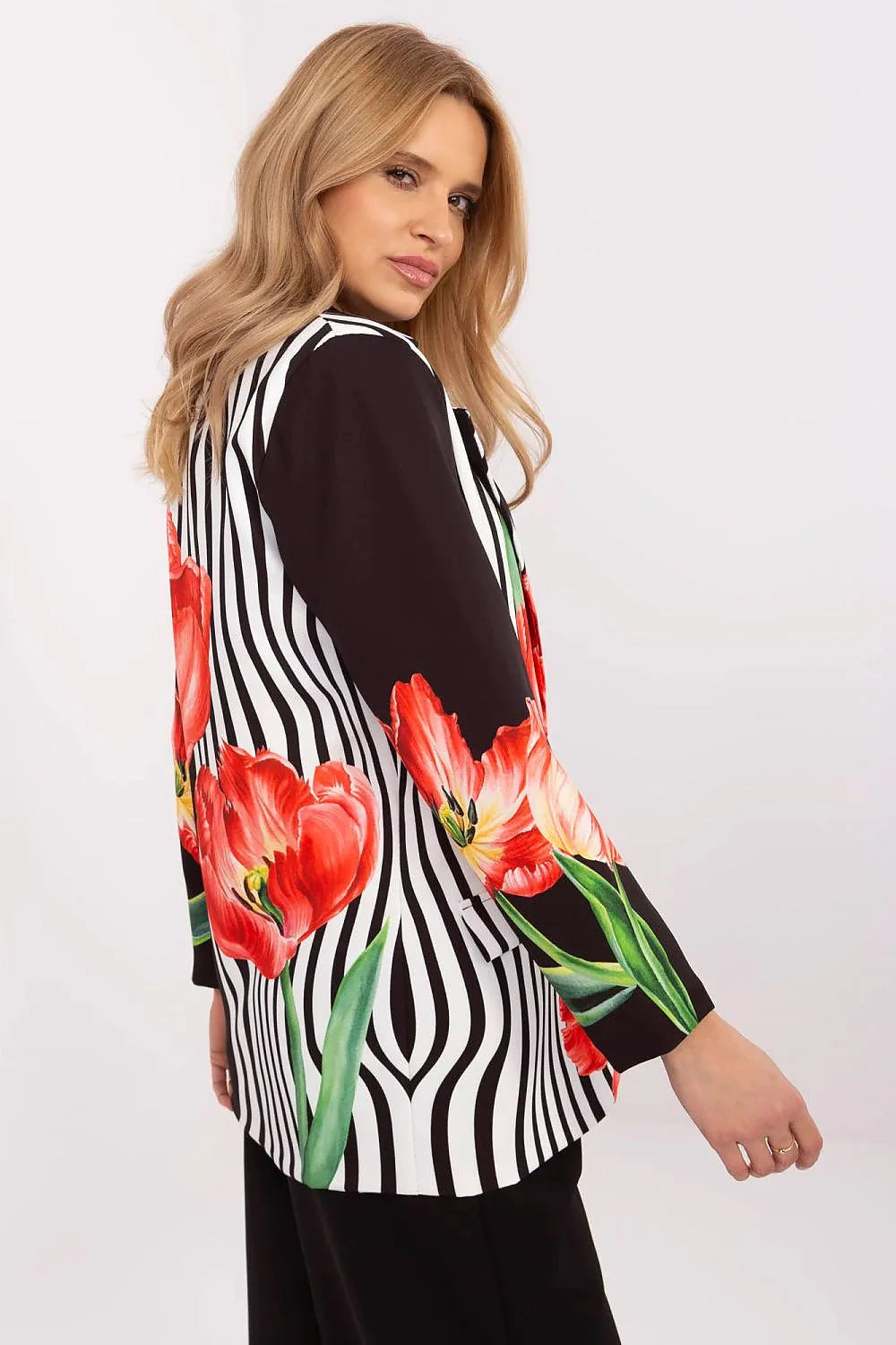 Blazer audacieux pour femme motif floral tulipes noires et blanches coupe droite manches longues tissu polyester viscose occasionnels élégance