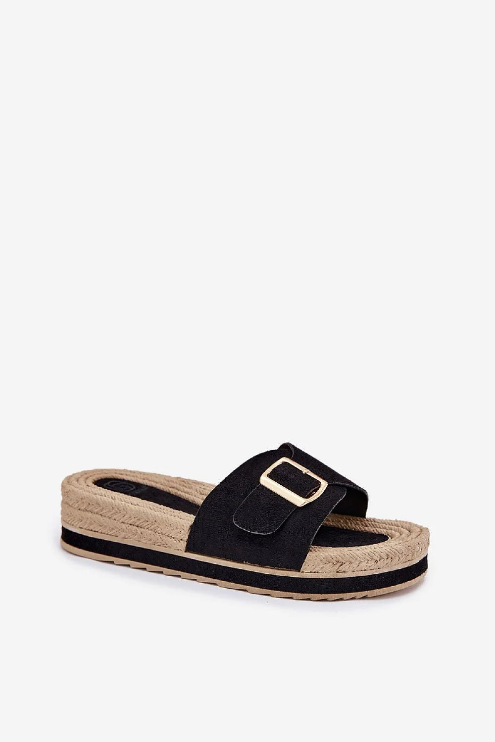 Sandales à enfiler style bohème estivale, tige suédine noire, semelle beige corde, boucle dorée, plateforme discrète, femmes