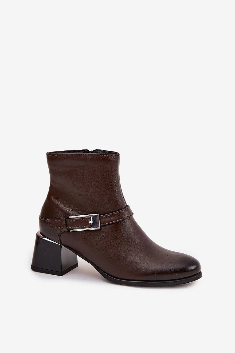bottines femme cuir naturel marron foncé cheville talon bloc moyen confortable doublure feutre semelle résistante fermeture zippée bride boucle argenté