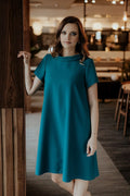 Robe de jour élégante A-ligne manches courtes col bateau couleur bleu turquoise femme polyester élasthanne occasion polyvalente