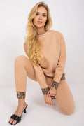 Ensemble survêtement femme coton et élasthanne beige confortable manches longues poches rayures contrastantes
