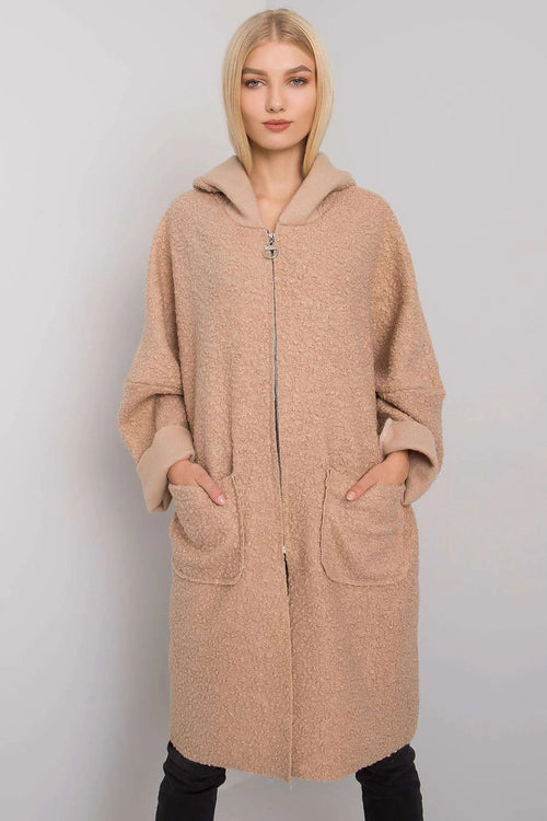 Manteau femme en tissu bouclé beige long à capuche ample pour hiver confortable chic