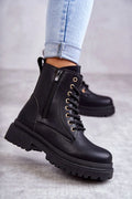 Bottines femmes cuir synthétique moderne urbain intemporel noir fermeture éclair lacing talon plat semelle crantée comfort style décontracté