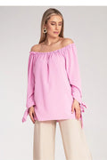 Chemisier féminin off-shoulder style bohème élégant longues manches nœuds décoratifs couleur rose pastel summer top