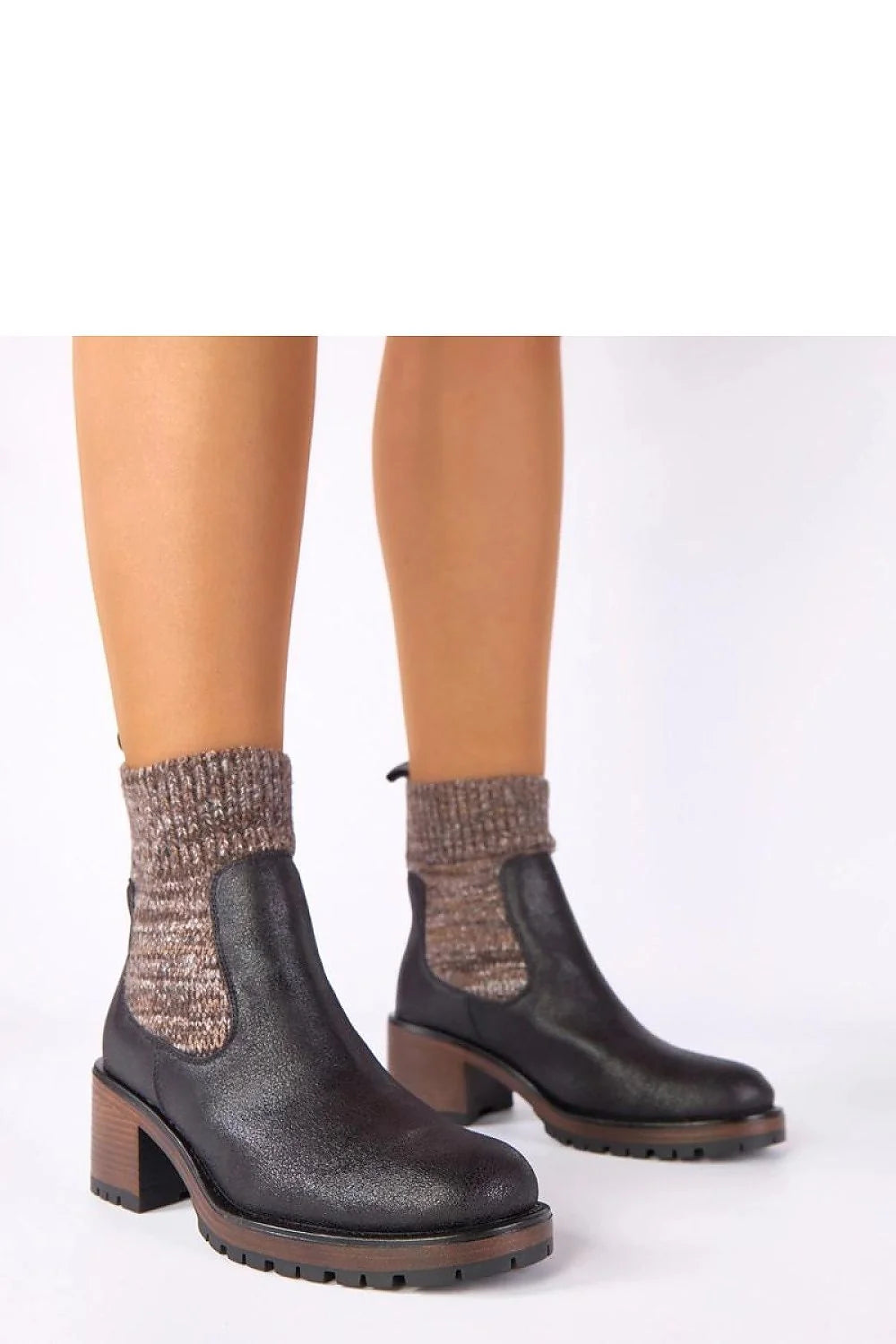 bottines noires talon bloc stable tige chaussette élastique cuir grainé bordcote marron chiné cheville semelle crantée plateau bois confortable élégante