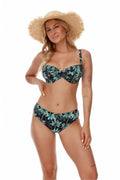 Maillot de bain deux pièces design tropical motifs palmiers couleurs vert bleu fond noir coupe classique maintien optimal femmes été plage piscine