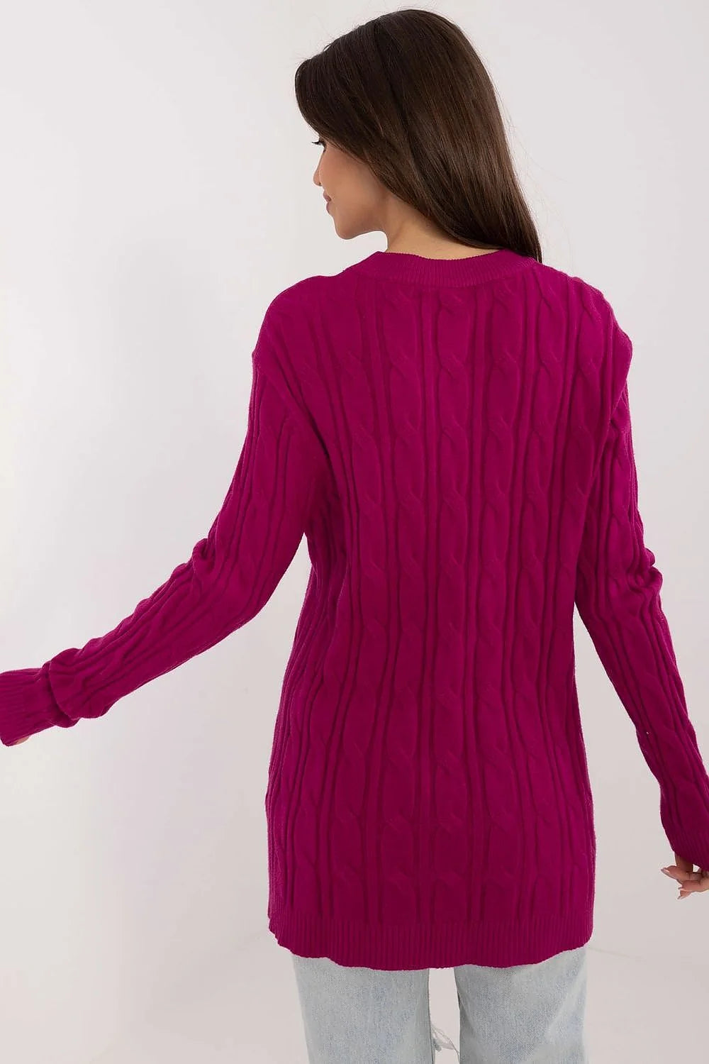 Pull pour femme style torsadé longue manches magenta texture élégante coton laine côtelé col rond