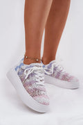 sneakers femme lowtop plateforme lacets tige crochet dentelle ajourée motif floral dégradé pastel semelle épaisse blanche respirante bohème chic confortable