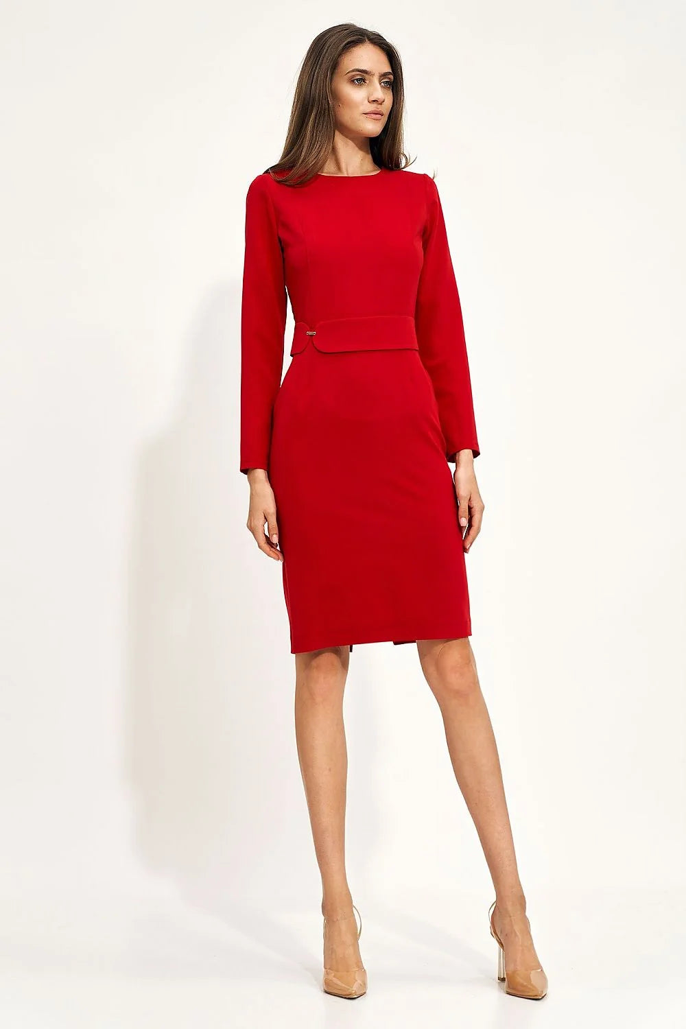 Robe de jour élégante manches longues rouge vif tissu élasthanne polyester viscose taille ajustable femme