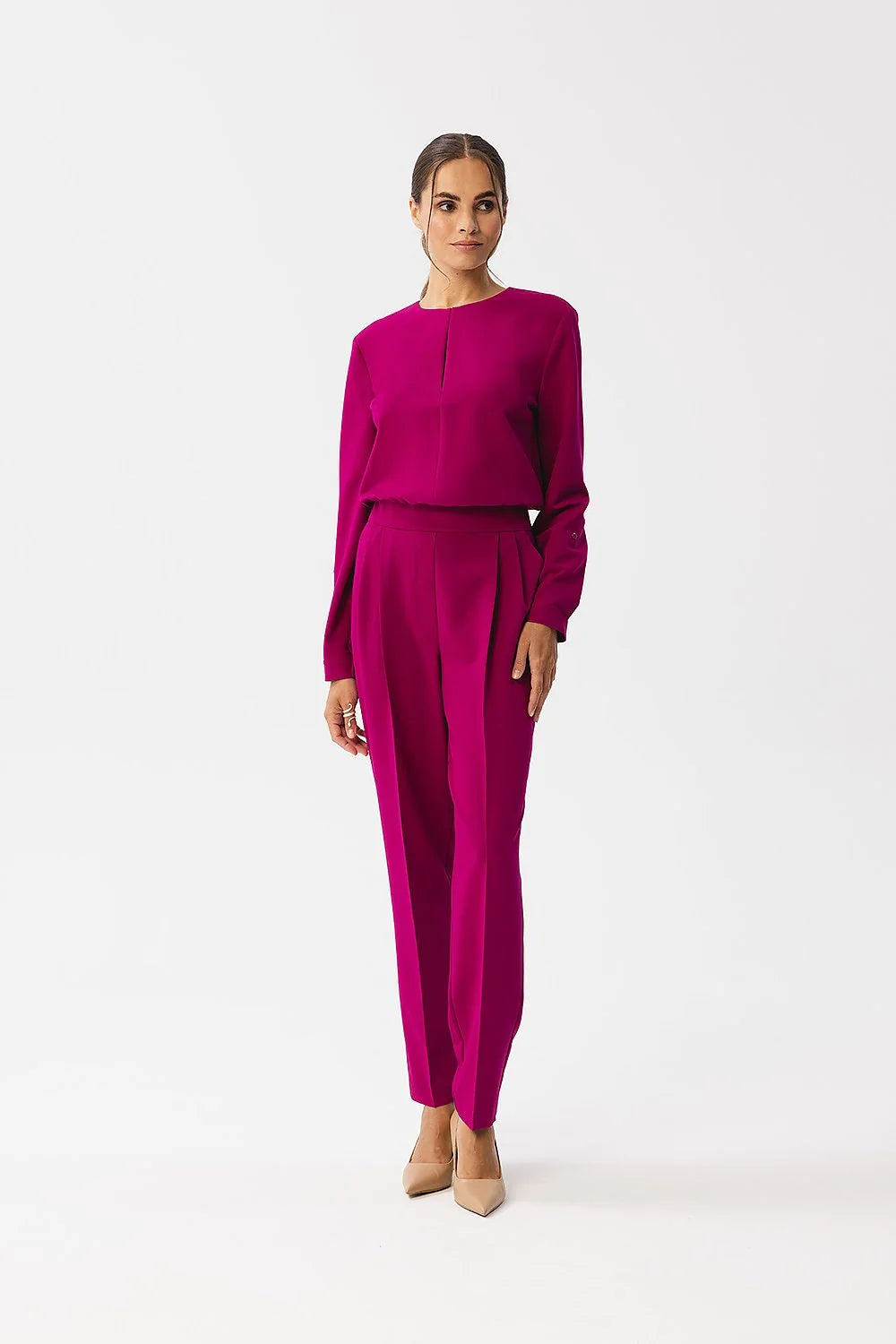 Ensemble deux-pièces pour femmes style minimaliste magenta veste chemisier manches longues taille haute pantalon taille ajustable polyester elastane