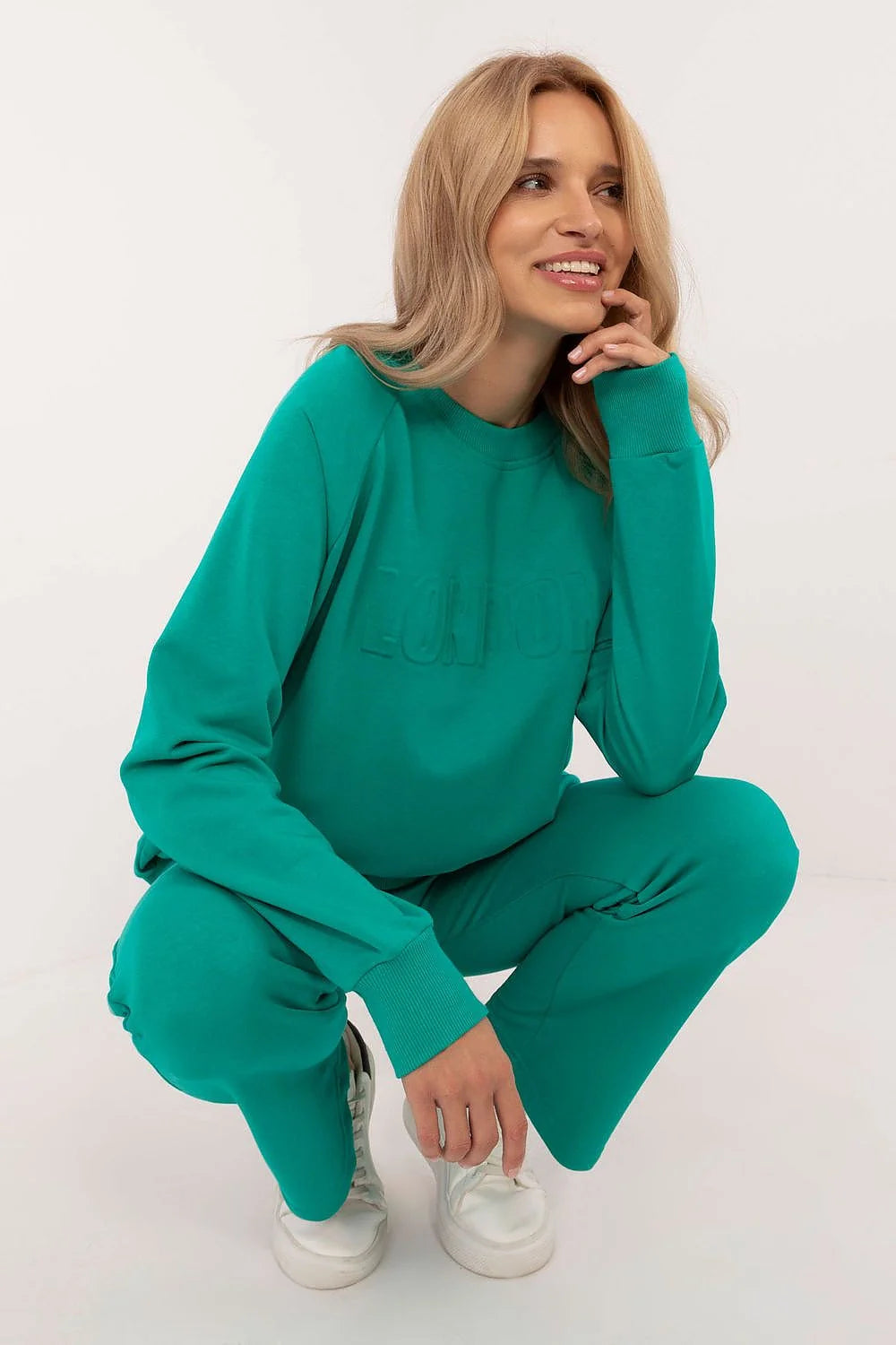 ensemble casual femme sweatshirt pantalon assortis oversize col rond manches longues molleton coton polyester vert turquoise côtelées poignets