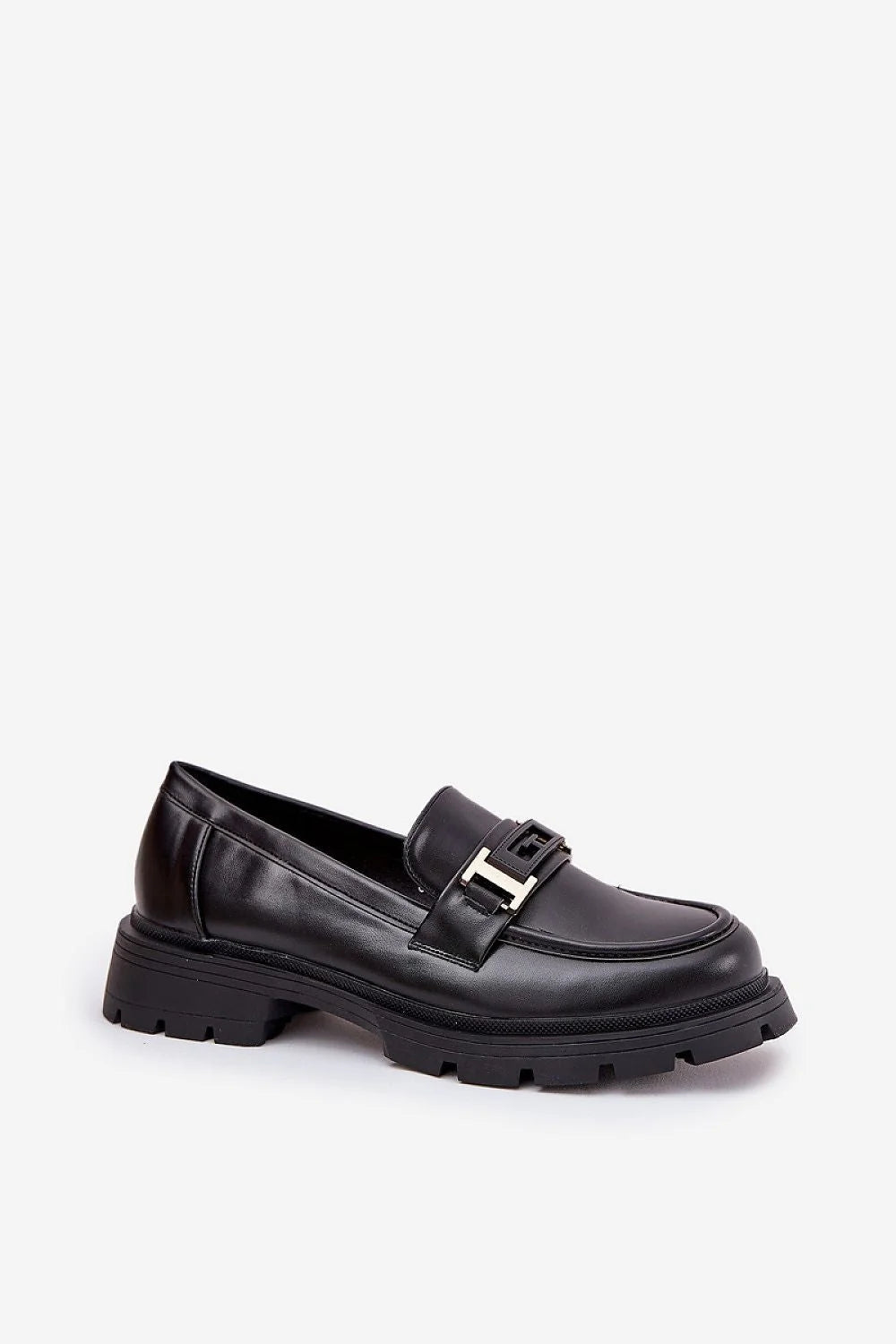 mocassins femmes élégants modernes cuir artificiel noir dorés boucle chaîne mors semelle épaisse crantée plateforme antidérapante talon bas confortable robuste