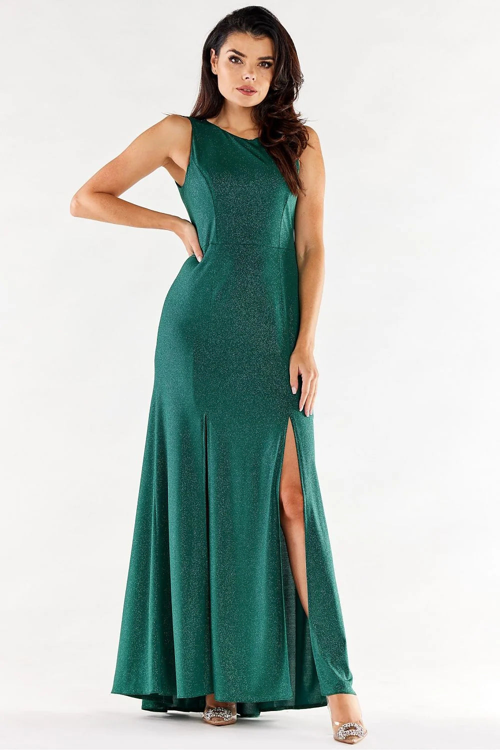 Robe longue élégante sans manches fentes avant couleur rouge vif matière élasthanne polyester femme