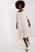 robe bohème longue estivale ample crème volants manches mi longues encolure ronde nouée polyester légère fluide aérienne confortable élégante polyvalente