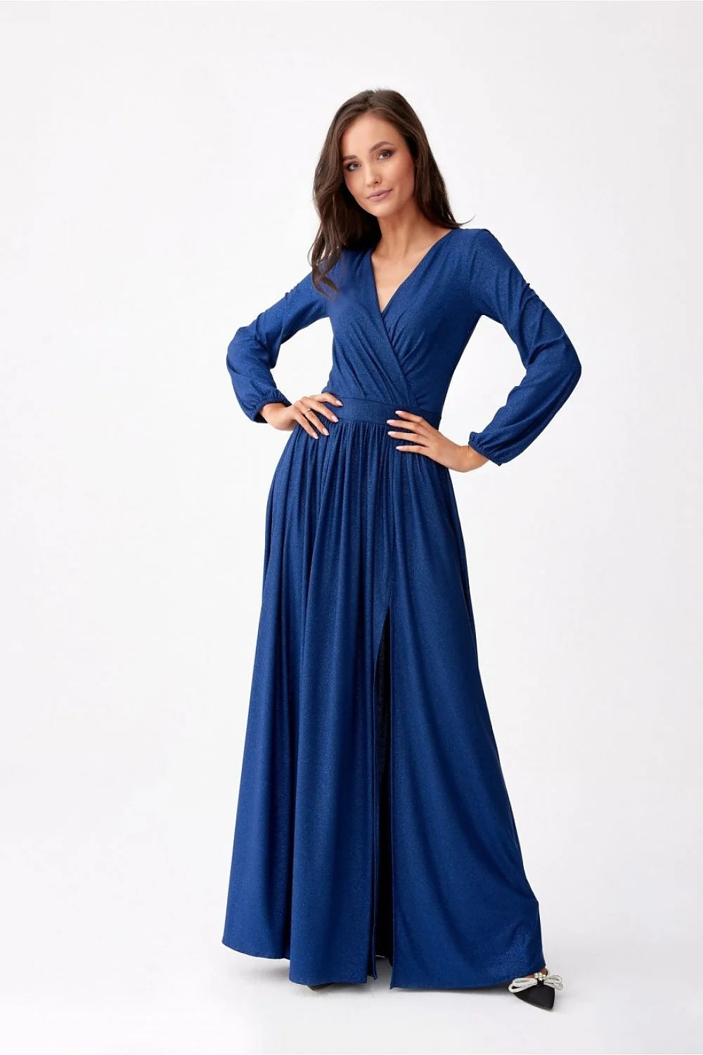 Robe longue Roco Fashion en brocart bleu nuit pailleté manches longues encolure V croisée fente haute occasion formelle femme
