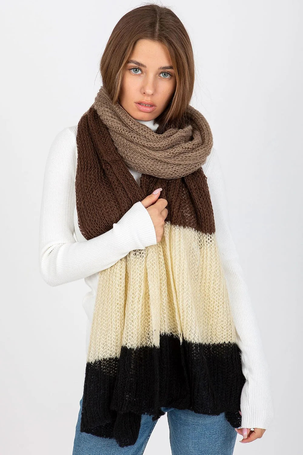 Écharpe tricolore pour femmes beige brun noir acrylique longue 220 cm hiver mode polyvalente élégante décontractée