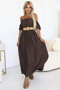 Robe de jour bohème élégante sans manches épaules nues ceinture tressée tissu respirant coloris chocolat femme