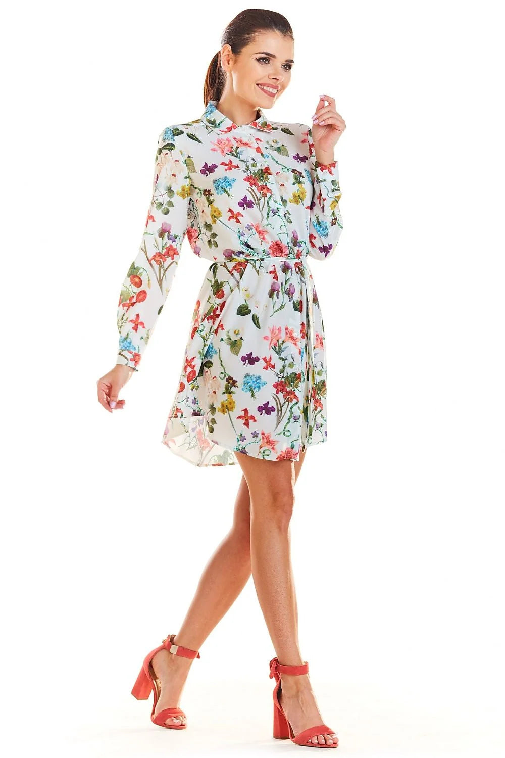 Robe imprimé floral polyester romantique élégante manches longues ceinture asymétrique parfaite journée femme style