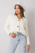 Cardigan Rue Paris moderne texturé V-neck en laine acrylique blanc manches longues boutons bois côtelé coupe ample femmes automne-hiver