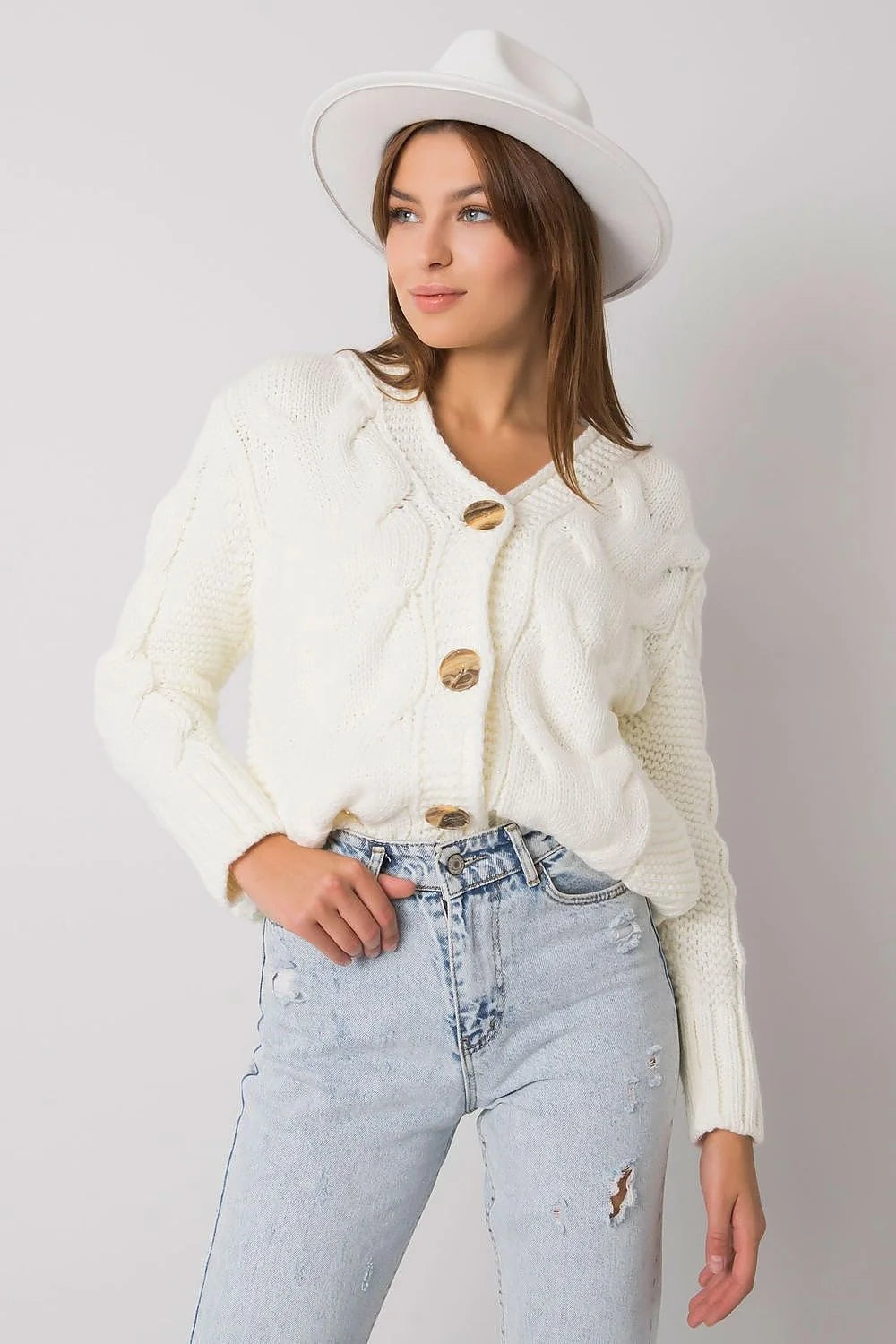Cardigan Rue Paris moderne texturé V-neck en laine acrylique blanc manches longues boutons bois côtelé coupe ample femmes automne-hiver
