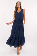 robe estivale longue maxi sans manches col V tailleempire fluide volantée bleu marine coton lin poches cheville bohème