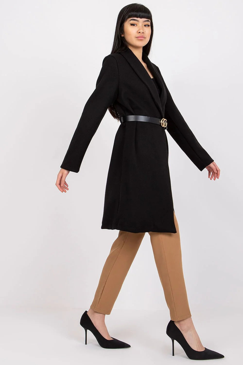 Manteau noir élégant en polyester style classique avec ceinture cuir boucle argentée femme chic