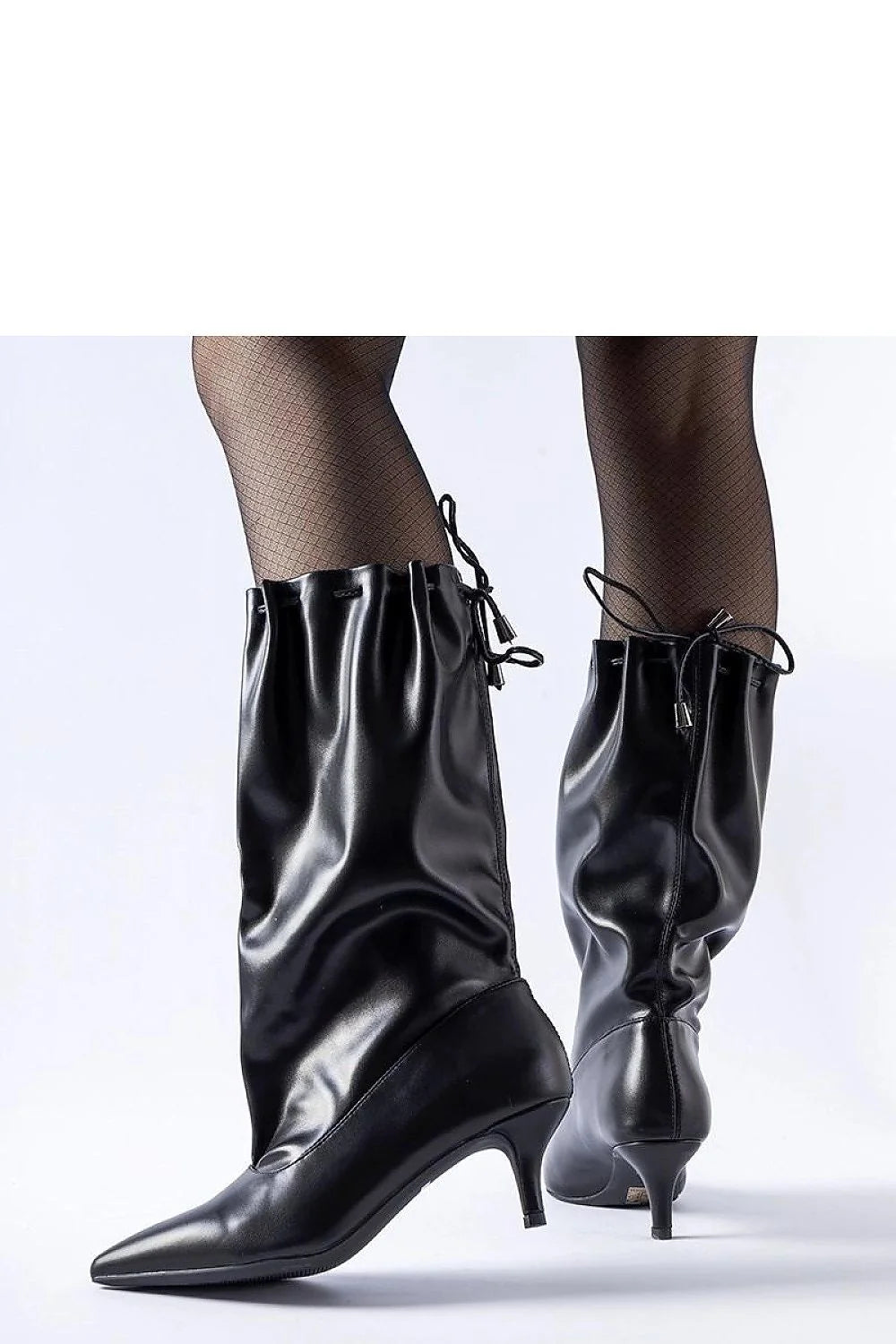 bottes mi mollet femme similicuir verni noir bout pointu talon stiletto fin confortable tige plissée froncée cordon serrage arrière sophistiquée