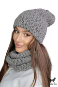 Ensemble Kamea pour femme bonnet écharpe maille épaisse laine haute qualité couleur grise hiver slouchy snood