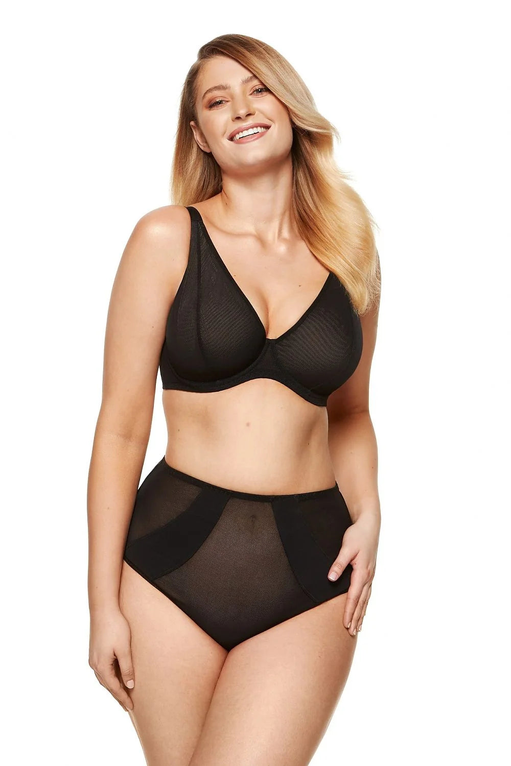 Ensemble lingerie noire minimaliste tissu mesh doux高 taille haute soutien-gorge V plongeant sans armatures femme