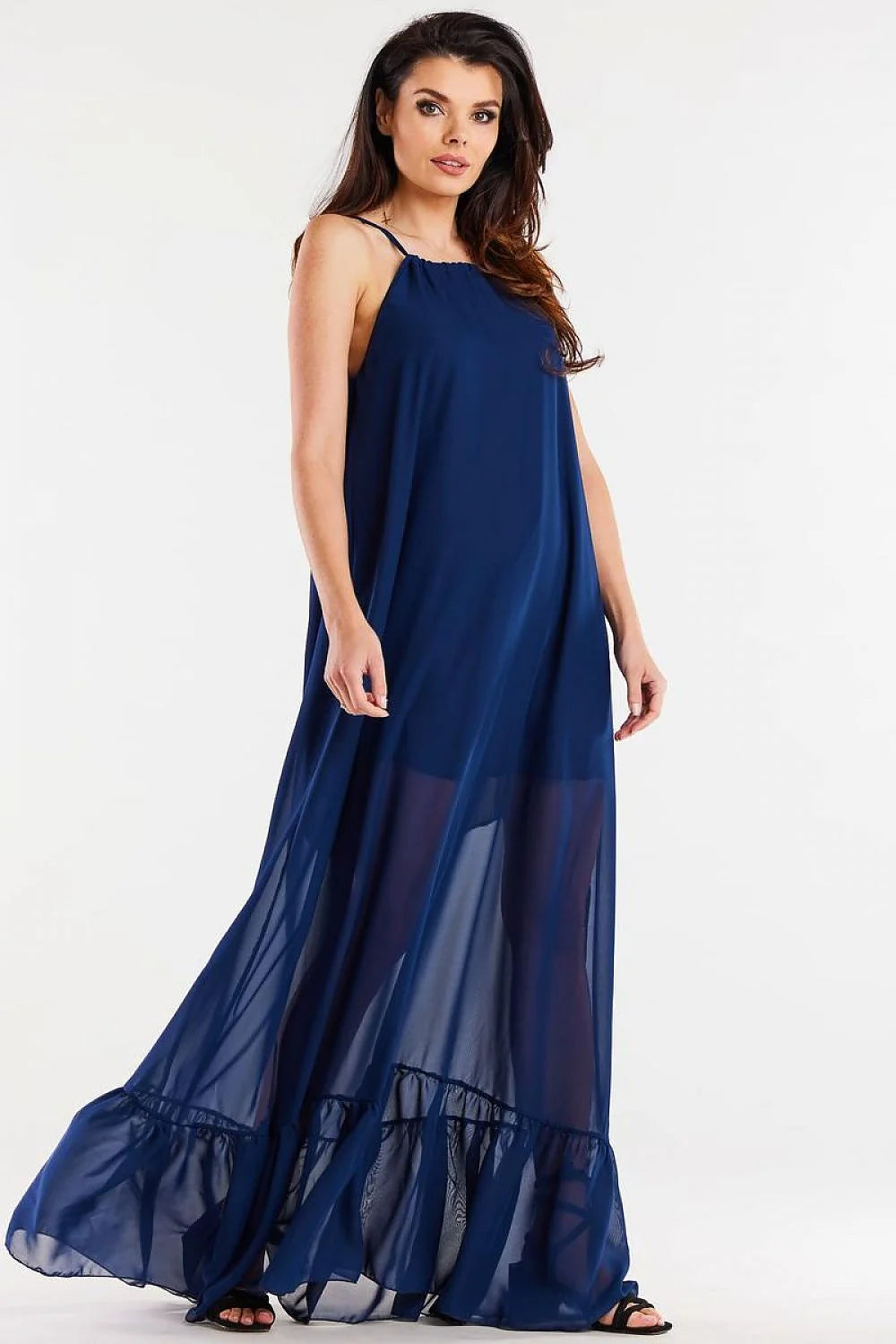Robe de jour longue ample mousseline de soie manches fines décolleté ras du cou navy occasion décontractée femme