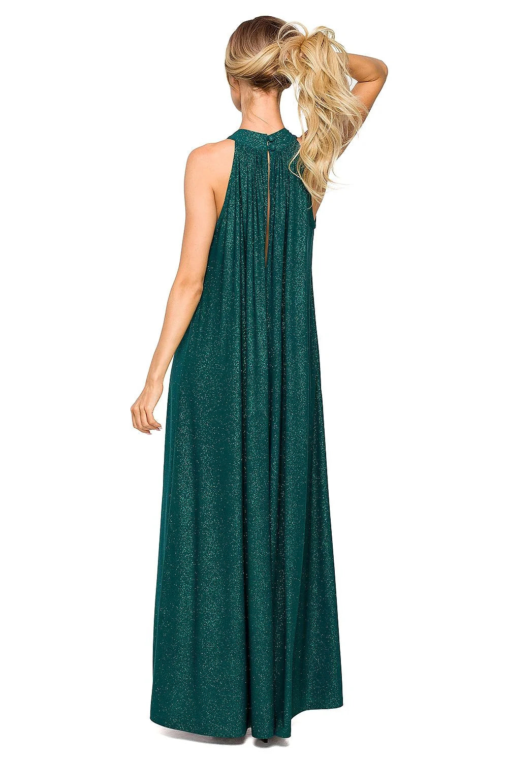 Robe de soirée élégante vert émeraude décolleté dos nu tissu brocart ceinture en chaîne dorée femme mariage gala