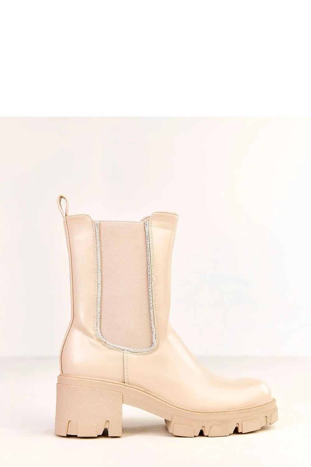 bottines femme chelsea cuir synthétique beige bout rond talon bloc semelle crantée antidérapante bande élastique strass zippée doublure chaude confortable