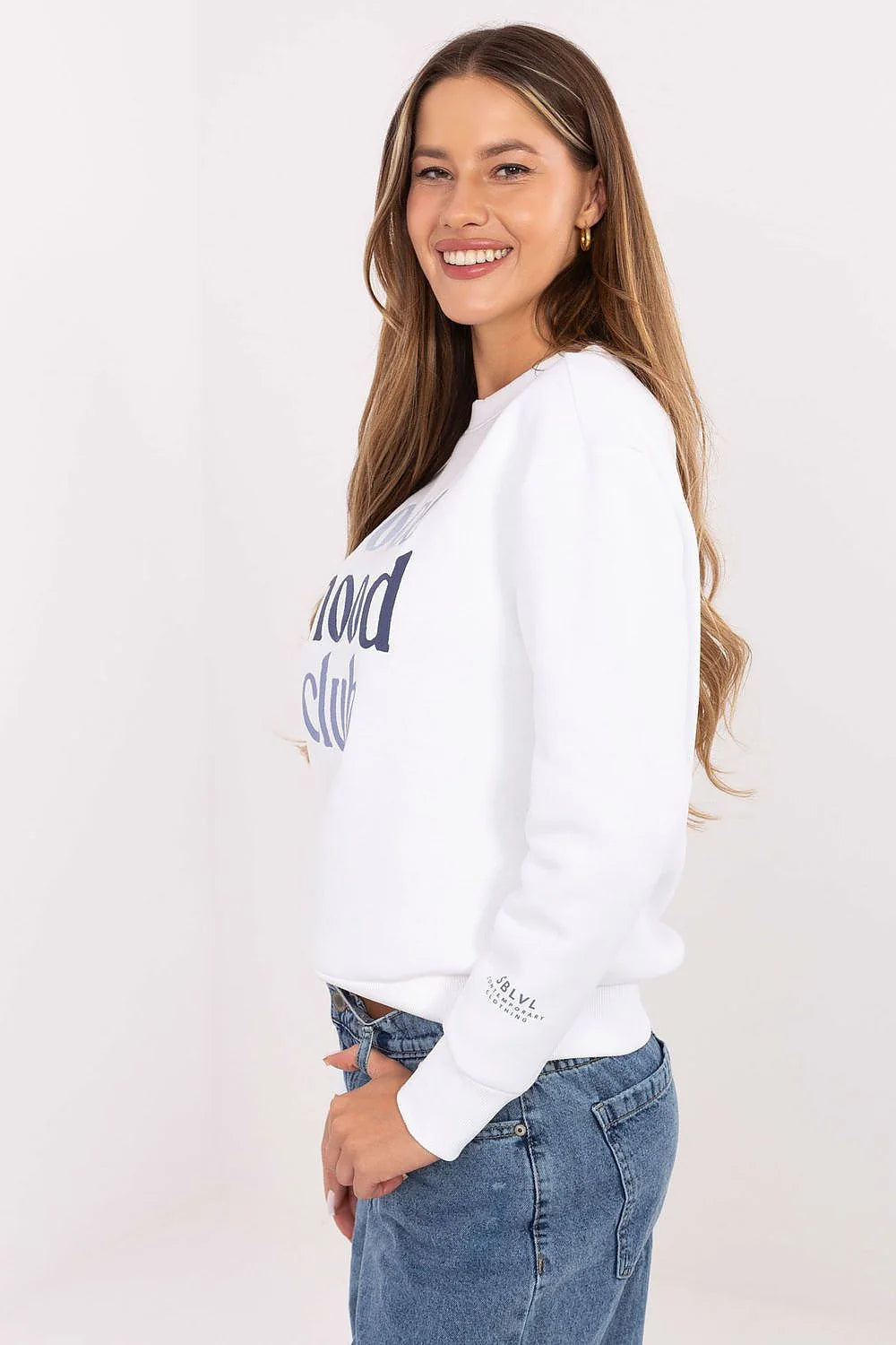 sweatshirt femme col rond blanc molleton coton coupe relaxed manches longues poignets côtelés ourlet brodé slogan good mood club bleu