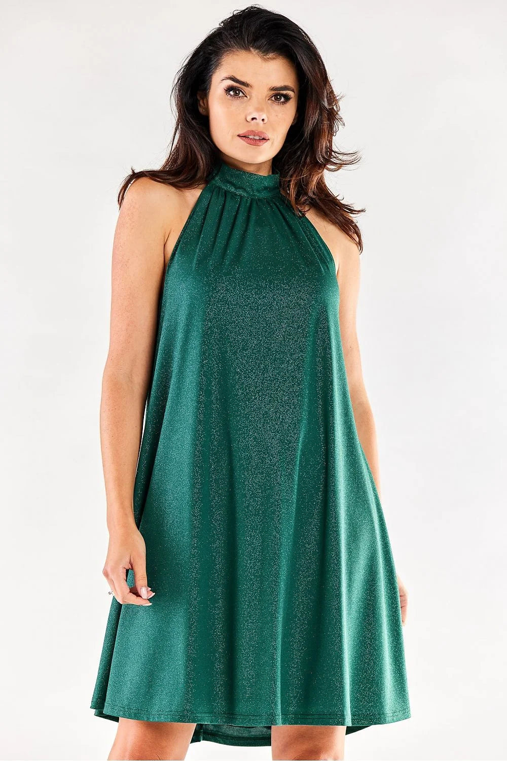 robe soirée courte trapèze fluide fuchsia scintillant col montant plissé halter sans manches plis buste doublure élastique Pologne qualité